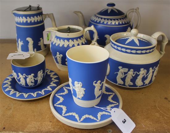 Copeland/Copeland Late Spode blue & cream relief-decorated items, inc teapots, jugs etc, (7, 2 pewter-mounted)